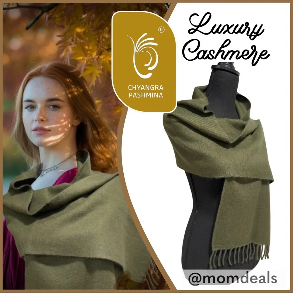 100% Pure 4-Ply Chyangra Pashmina Cashmere Scarf Handmade Nepal COA NWT -OLIVE